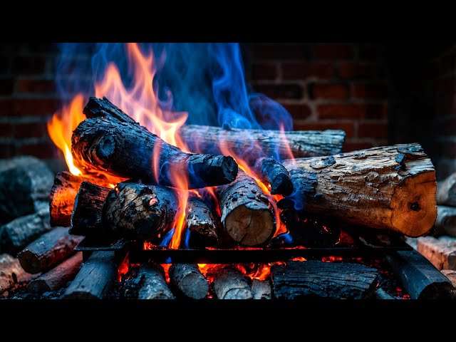 Captivating Blue And Orange Flame In Wood Burning Fireplace: Toasted Wood Texture And Color Contrast