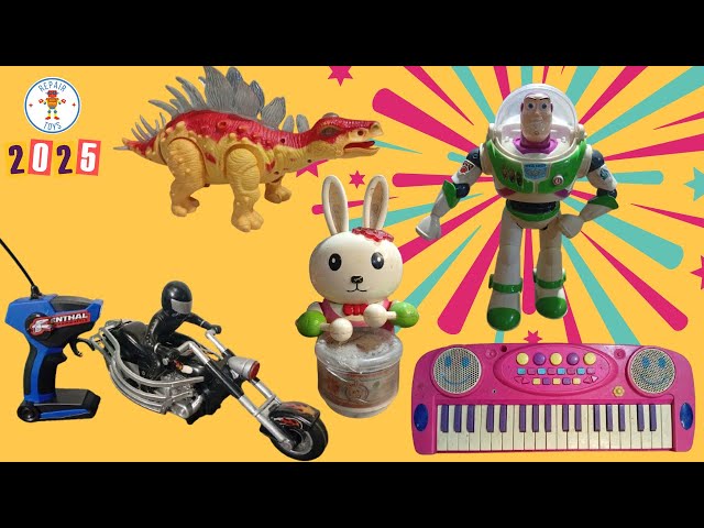 Repair five toys: Buzz Lightyear , motorbike, organ, dinosaur, rabbit playing drums - sửa 5 đồ chơi