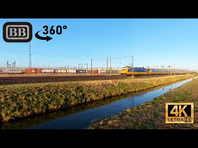 Several Dutch passenger trains (SGMm, VIRM, Traxx) and Class66 freight train (360º-video)