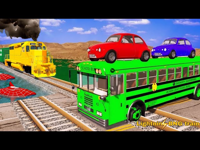 5 Monster Truck vs Big & Small: Funny Cars Slide Color with Triple Rails and Trains BeamNG Drive 07