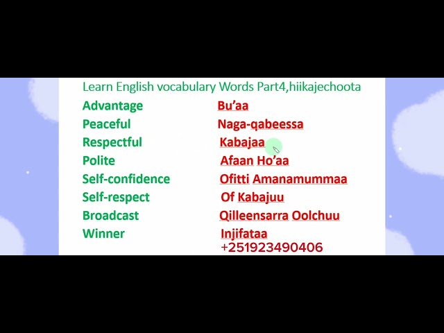 Learn English vocabulary Words Part4,hiikajechoota Learn Afaan Oromoo#Amharic English letters