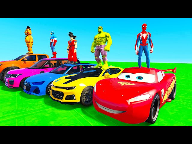 SPIDERMAN McQueen Ramp Challenge JUMP ! SUPERHERO HULK IronMan Goku Mack Truck Disney Cars 3 - GTA V