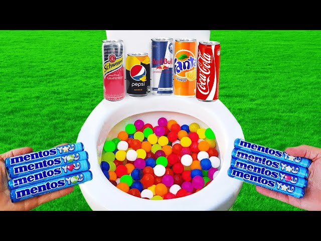 Experiment COLORFUL BALLS vs Coca Cola, Red Bull, Schweppes, Pepsi mango and Mentos in the Toilet !