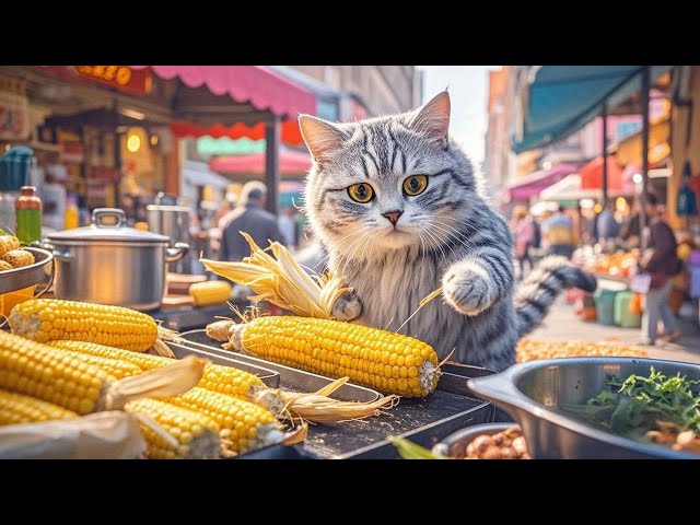 Cat Is Buying Roasted Corn To Earn Pocket Money#cat#catcooking#cutecat#rurallife#ai