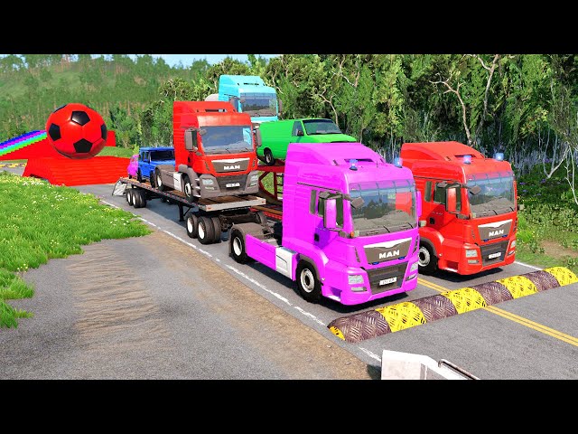 Double Flatbed Trailer Truck vs Speedbumps Train vs Cars | Tractor vs Train Beamng.Drive 002