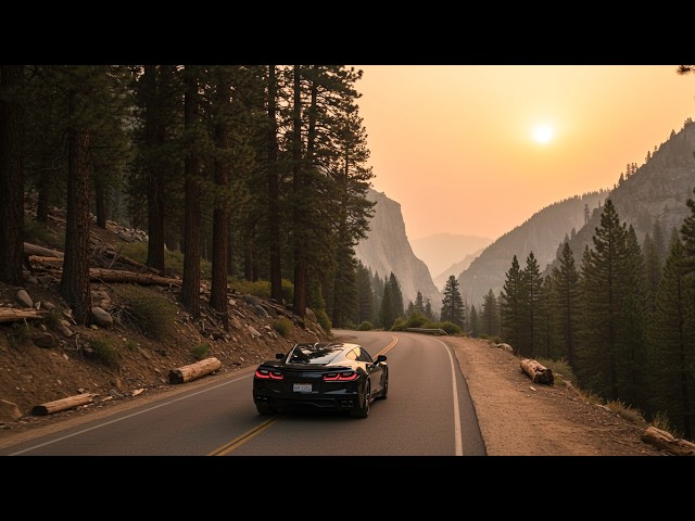 Scenic Drive Through Kings Canyon NP in the Midst of a Wildfire, Following a Corvette Stingray