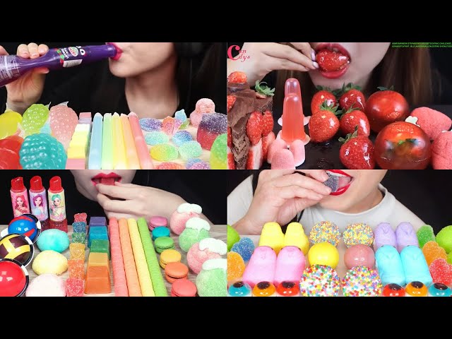 ASMR RAINBOW STRAWBERRY DESSERTS EATING CHALLENGE, KOHAKUTO,FRUIT JELLY,MARSHMALLOW,EATING SHOW,FOOD