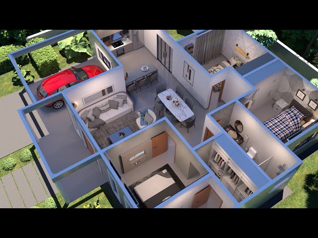 3D Plan of a Beautiful House with Three Bedrooms, American Kitchen, Garage and Closet