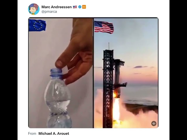 SpaceX compared to EU plastic bottle cap attachment. Posted by Marc Andreessen