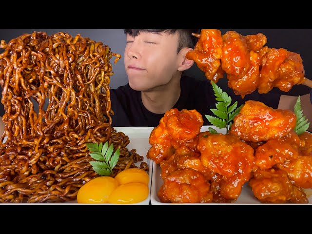 ASMR MUKBANG 짜파게티 + 처갓집 양념치킨 먹방 / BLACK BEAN NOODLES + SPICY CHICKEN EATING SOUNDS