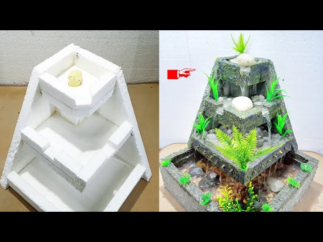 Homemade Styrofoam and cement mini water fountain  waterfall