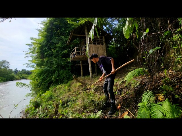 Camping in a multi-storey shelter by the river - fishing and vegetable gardening