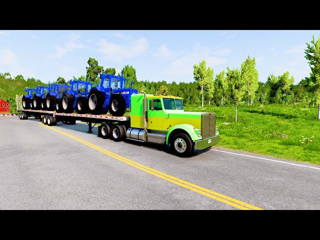 Double Flatbed Trailer Truck vs Speedbumps Train vs Cars | Train Tractor | Beamng.Drive Kon 6