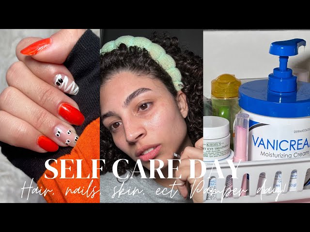 SELF CARE VLOG: Curly hair wash & style routine. Spooky nails tutorial. Skin care. PAMPER day ♡