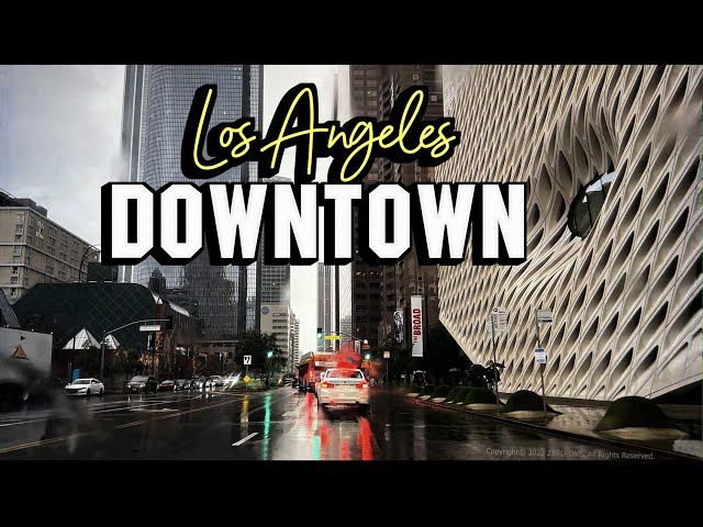 ☂︎ Driving downtown Los Angeles looking at the scenery in the rainy streets 🇺🇸 CA, USA, 4K HDR