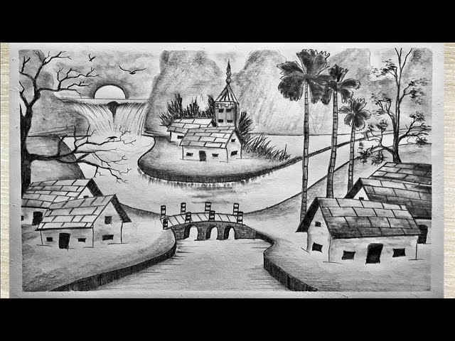 How to Draw a Beautiful Village Landscape with Pencil, Easy Pencil Drawing