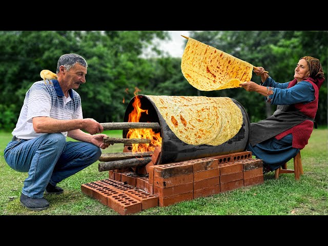 Recipe for Healthy Flatbreads with Wild Onions and Kebabs! Cooking in a Village in Azerbaijan