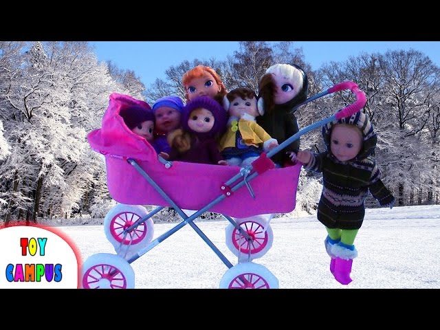 Pram Stroller Ride to Frozen Riverbank with Elsa, Anna | My Sweet Baby Pram | ToysReview ToyCampus