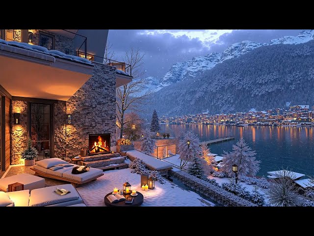 Cozy Winter Retreat ~ Smooth Jazz, Coffee Terrace and Warm Fireplace Overlook a Snowy Lake Scene ⛄