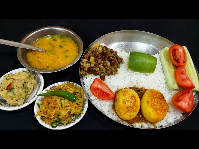 egg curry potato fry dal potato stuffing chickpeas salat and rice today i eating | eating show