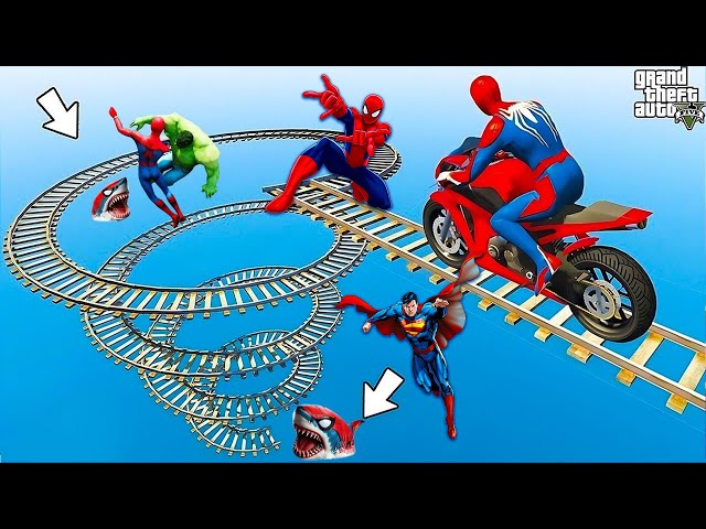 الأبطال الخارقين على القضبان دوامة قمع جسر SPIDER MAN!on Motorcycle in Spiral Bridge 🎯Stunt Rid