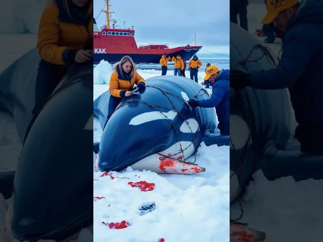 Stranded Killer Whale Trapped in Barbed Wire