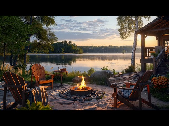 Tranquil Fire Pit by the Lake | Relaxing Morning Ambience with Nature Sounds