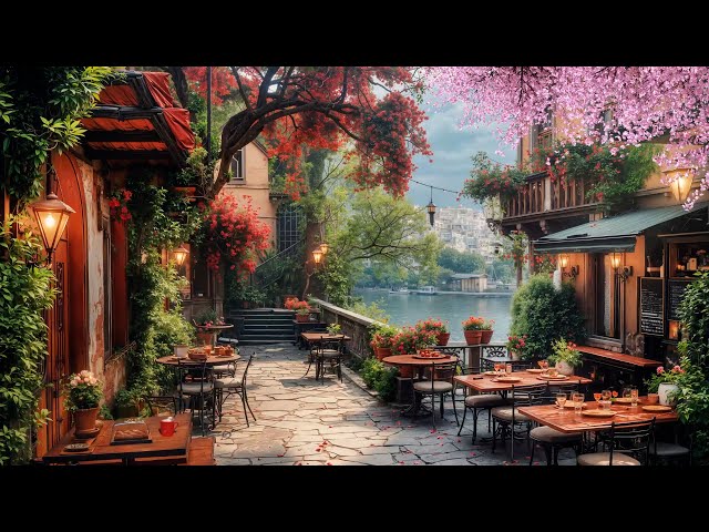 Calm Spring Jazz Music to Relax - Outdoor Coffee Shop Ambience ~ Poetic Scenery of Canalside Cafe