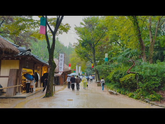 4K ASMR Rain Walk - Korean Folk Village Street White Noise