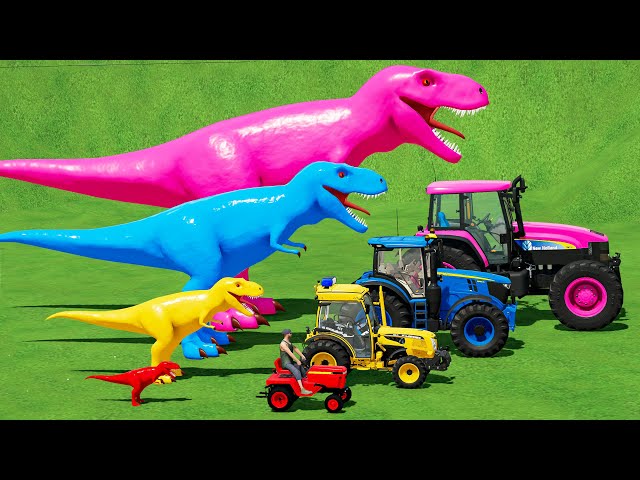 MINI & BIG TRACTOR & BIG DINOSAUR vs DEEP MUD with PORTAL TRAP - TRACTORS vs MUDDY PARKOUR! FS22