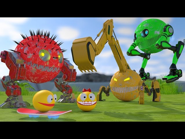 Pacman and Flying Two-Legged Robot Pacman vs Excavator Robot and Walking Combat Robot | StrEat