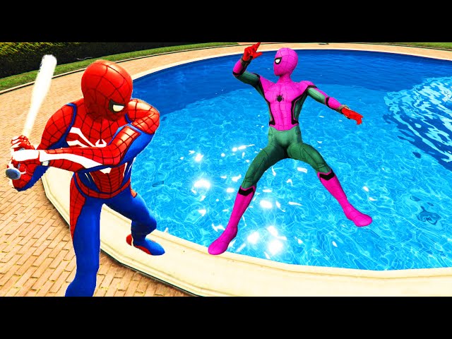 GTA 5 Rainbow Spiderman Jumping Into Water Pool (Funny moments, Fails & Euphoria Physics)