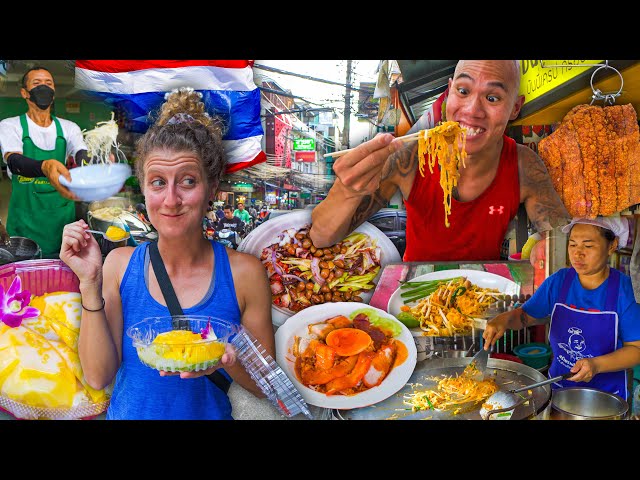 BANGKOK Street Food Tour - WE ATE ALL THIS THAI STREET FOOD ON JUST ONE STREET IN BANGKOK, THAILAND!