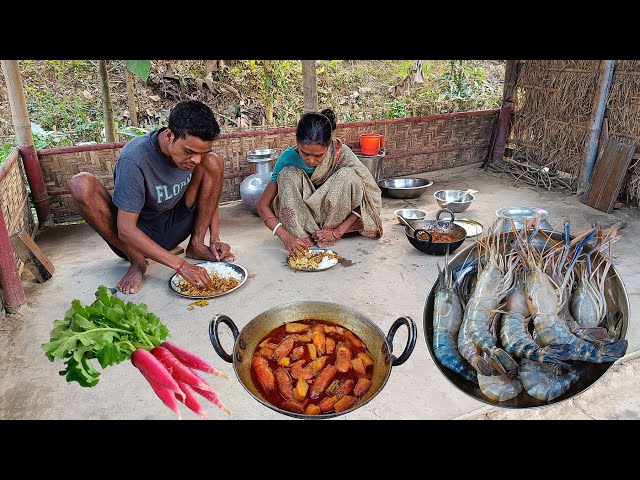 RIVER PRAWNS CURRY with RADISH | Village Style Prawns Recipe | Cooking & Eating by Mother & Son