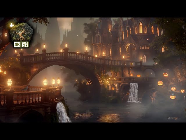 🏰 Autumn Castle Ambience • Waterfall & Night Nature Sounds • Fantasy Atmosphere 4K