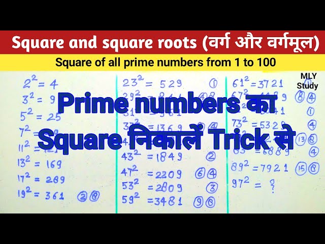 🔴Square and square root (वर्ग और वर्गमूल) | Square of all prime numbers from 1 to 100 | MLY Study |