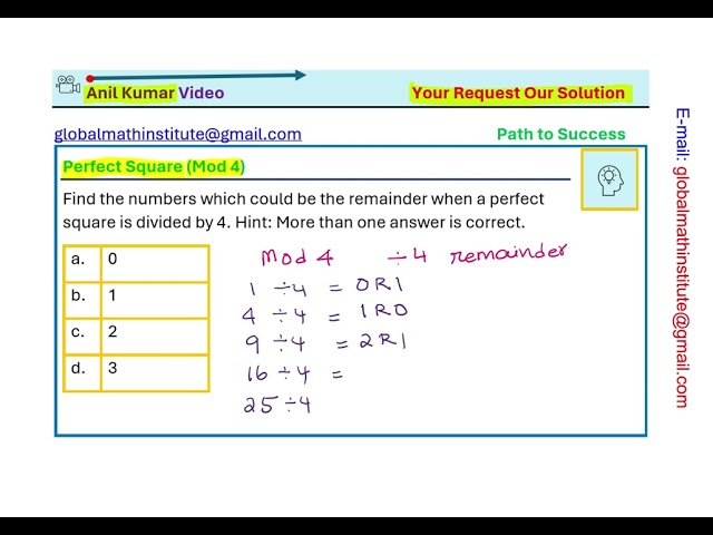 Find Numbers that Could be the Remainder when Perfect Square is Divided by 4