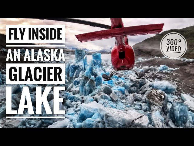 360° Interactive Video Helicopter flying inside drained glacier lake with blue icebergs in Alaska