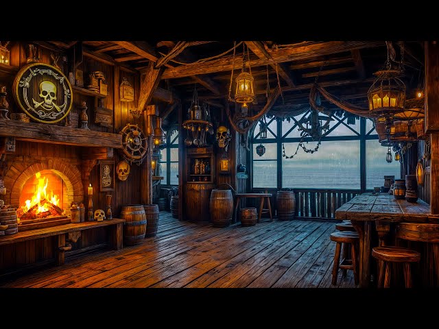 🏴‍☠️🔥 Pirate Tavern Ambience | Cozy Fireplace, Sea Shanties & Rum-Filled Night for Relaxation 🍻🌊