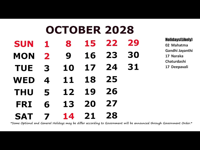 October Calendar 2028