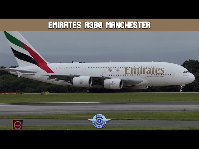 EK22 Emirates Airbus A380 takeoff from Manchester Airport -View from the Runway Visitor Park