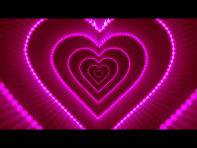 Romantic wedding neon pink heart light tunnel animated background video , No Copyright