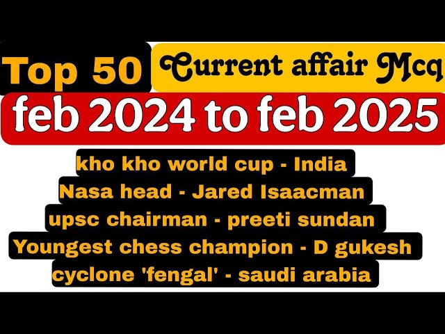 Top 50 Current Affairs MCQ | Current Affairs 2024 to 2025 | Feb 2024 to Feb 2025 Current Affairs