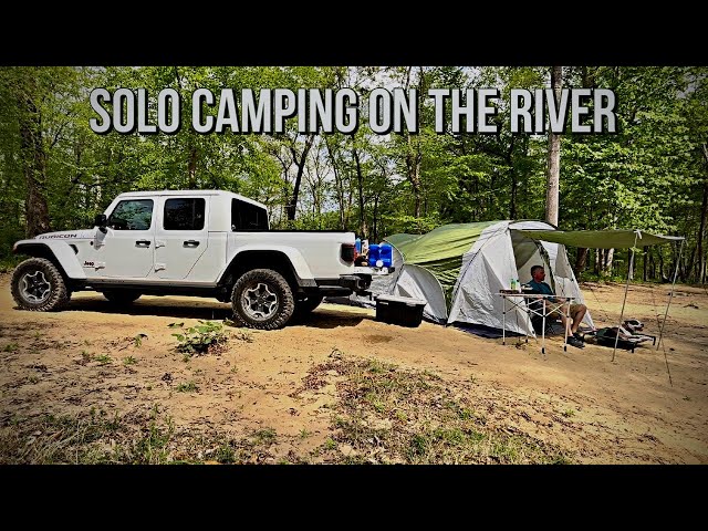 1st Time SOLO CAMPING in Jeep Gladiator - Dog - River