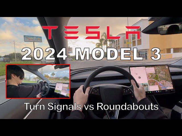 Tesla Model 3 Highland (2024): How to use Turn Signal Indicator Buttons around Roundabouts