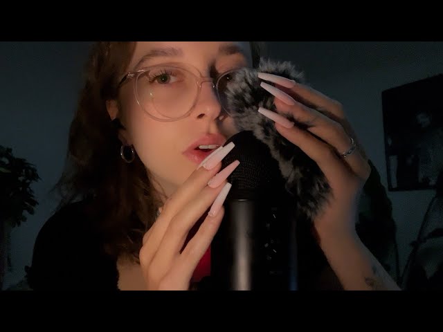 ASMR slow whispers, mic scratching (bare/fluffy), trigger words, mouth sounds, personal attention