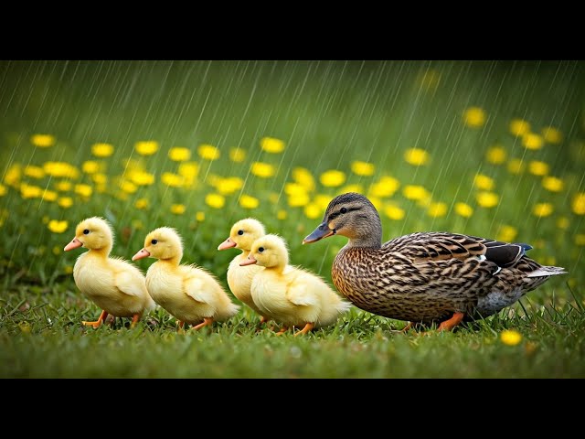 After the Rain Cute Baby Ducks Follow Mom