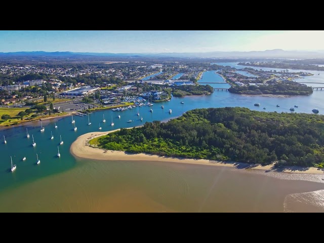 Flying over the beautiful Port Maquarie shore line, NSW Australia