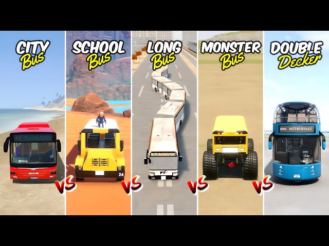 CITY BUS vs LONG ARTICULATED BUS vs MONSTER JAM BUS vs SCHOOL BUS vs DOUBLE DECKER BUS