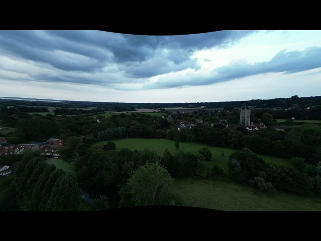 VR180 equidistant fisheye  drone video on a cloudy day, hyperstereo